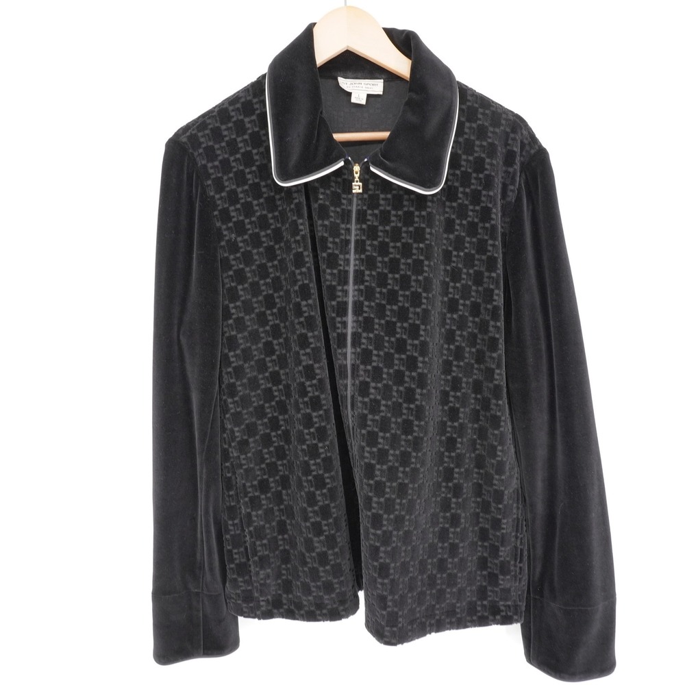 St John Sport Jacket Womens L Black Velour Geometric Zip Logo Buttons Lined
